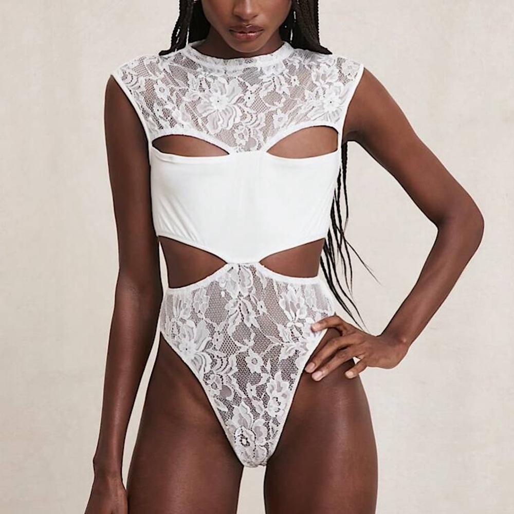SPLICED LACE Bright White Cutout Floral Mesh Mock Neck Bodysuit - Picture 2 of 8